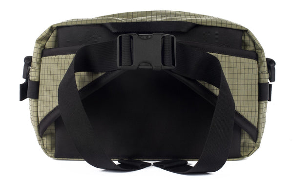 The LGD in Taiga. Back view, showing the hide-away padded hip belt.
